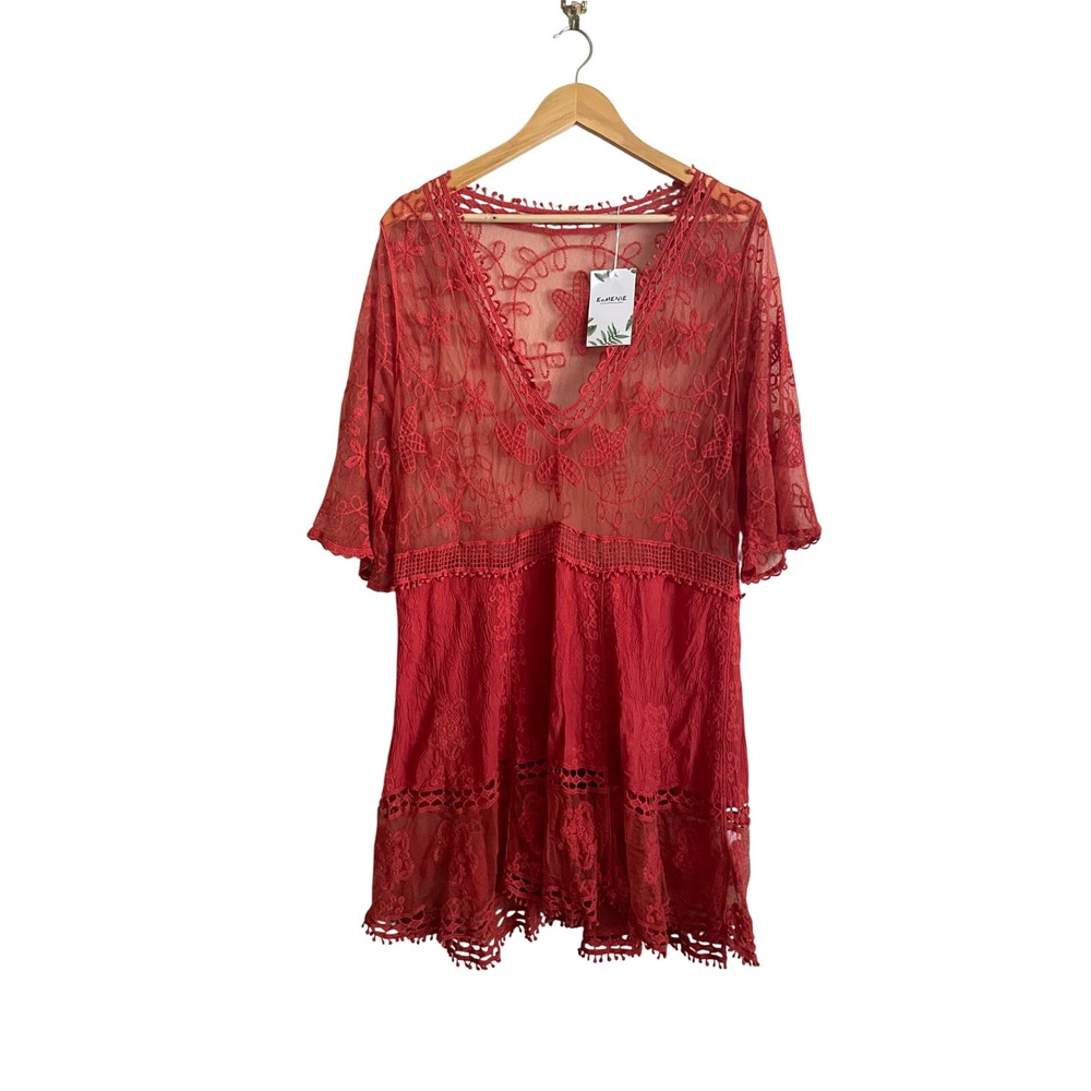 NWT Crochet Lace Boho Sheer Layering Dress Country Cowgirl Festival Flare Large
